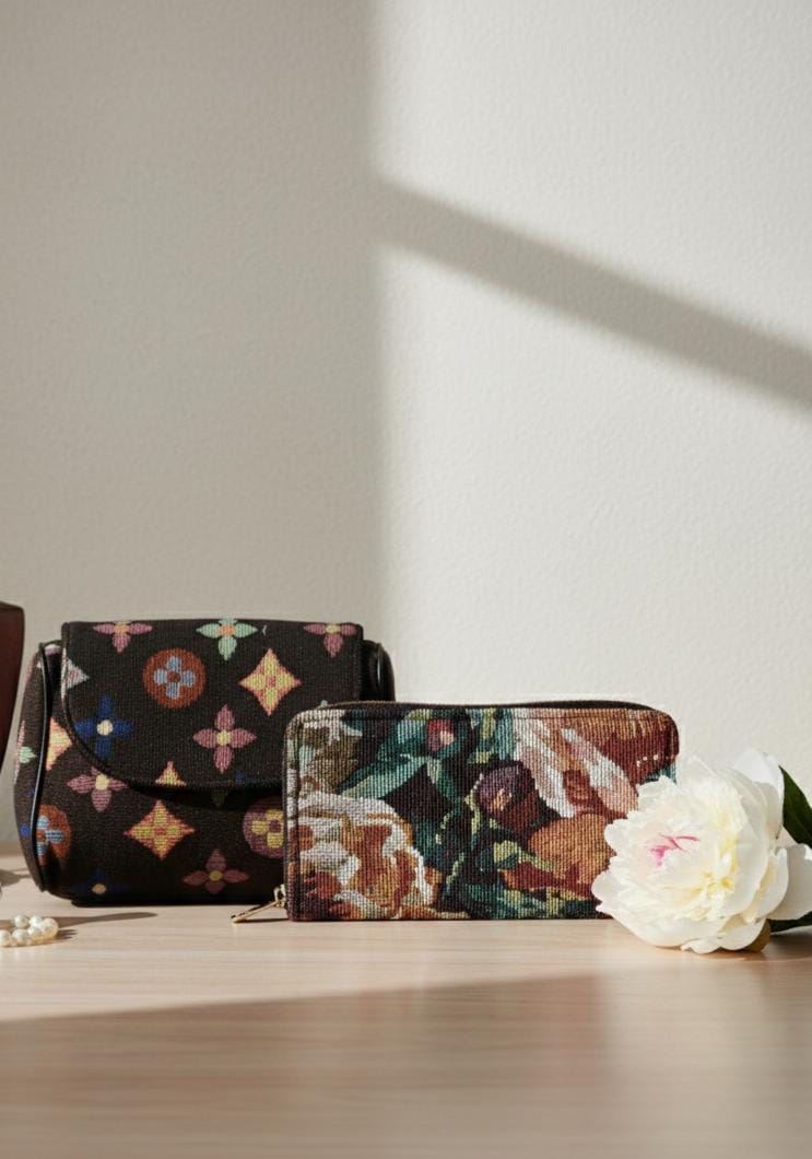 Stylish Logo Style Print Shoulder Bag & Geometric Clutch Combo for Women | Trendy Canvas Handbag with Matching Wallet Set (Pack of 2)