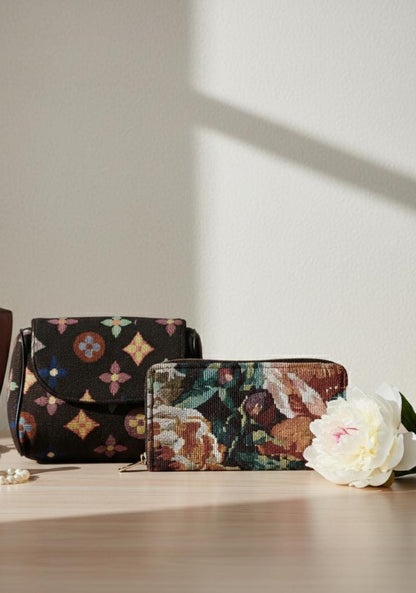 Stylish Logo Style Print Shoulder Bag & Geometric Clutch Combo for Women | Trendy Canvas Handbag with Matching Wallet Set (Pack of 2)