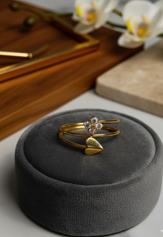 Geometric Heart & Diamond Flower Bypass Ring | Gold Dainty Band