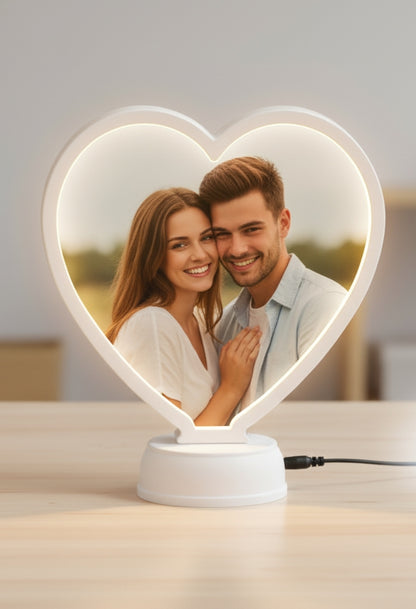 White Magic Mirror Photo Frame - Personalized Heart-Shaped LED Photo Frame for Couples & Gifts