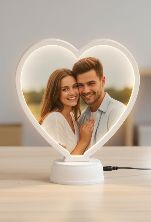 White Magic Mirror Photo Frame - Personalized Heart-Shaped LED Photo Frame for Couples & Gifts