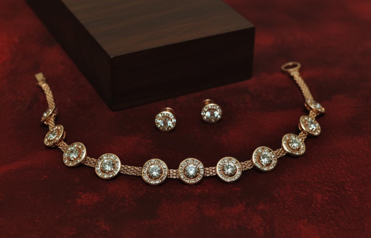 Rose Gold Plated Choker Necklace Set with Stud Earrings