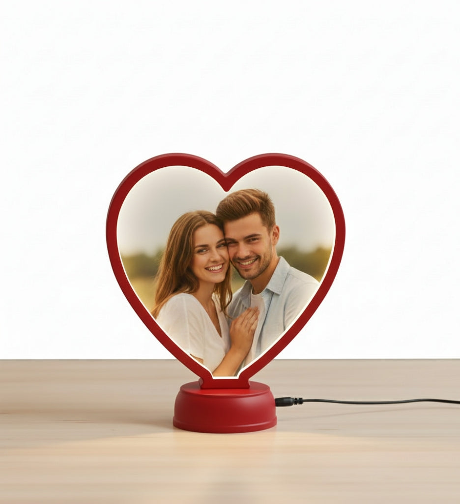 RED Magic Mirror Photo Frame - Personalized Heart-Shaped LED Photo Frame for Couples & Gifts