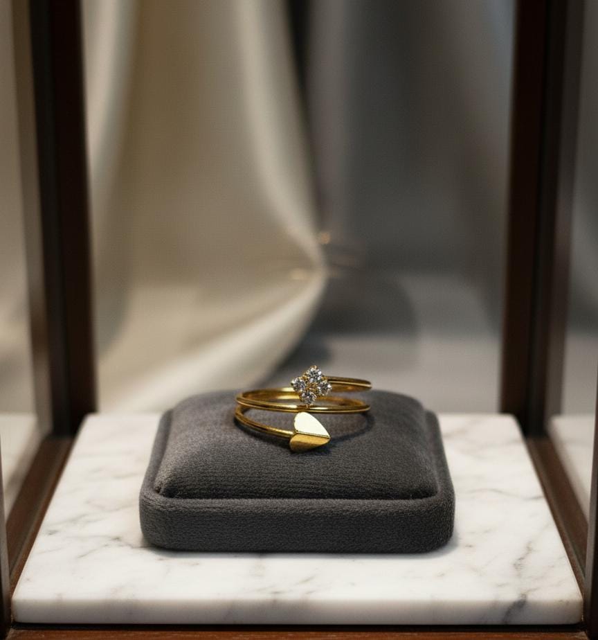 Geometric Heart & Diamond Flower Bypass Ring | Gold Dainty Band