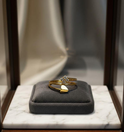 Geometric Heart & Diamond Flower Bypass Ring | Gold Dainty Band