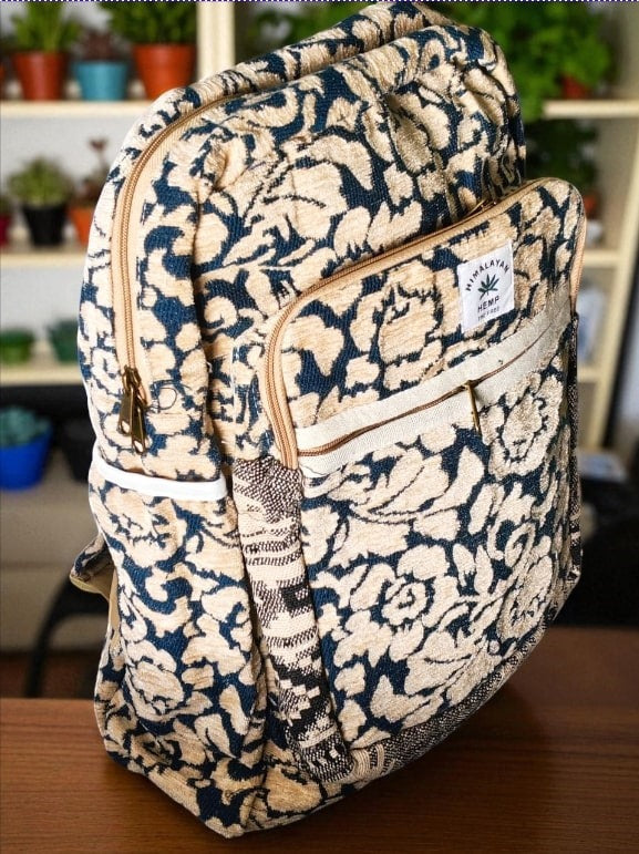 Floral Print Hemp Backpack for Men & Women | Eco-Friendly College, Travel Bag & Laptop Bag