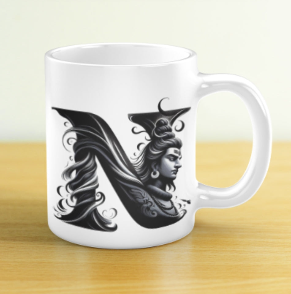Alphabetical Shiva Design Custom Coffee Mug – Personalized Spiritual Gift