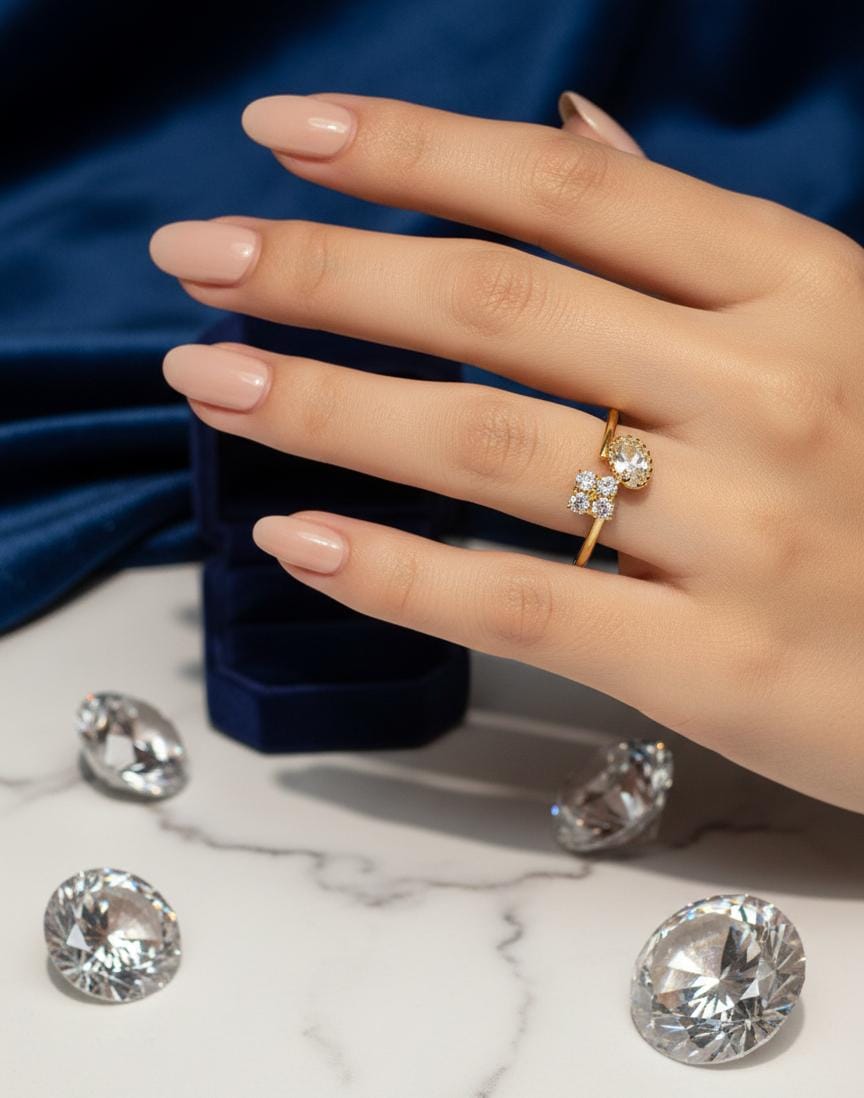 Adjustable Diamond Flower & Solitaire Ring | Gold Bypass Band