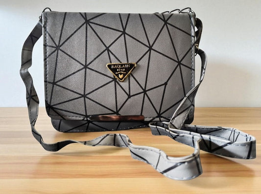 Trendy Geometric Pattern Grey PU Leather Sling Bags for Women & Girls – Stylish Crossbody Shoulder Bag