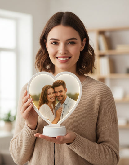 White Magic Mirror Photo Frame - Personalized Heart-Shaped LED Photo Frame for Couples & Gifts