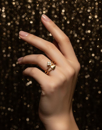 Geometric Heart & Diamond Flower Bypass Ring | Gold Dainty Band