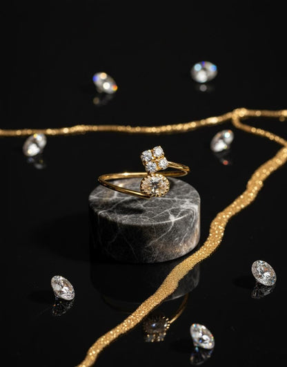 Adjustable Diamond Flower & Solitaire Ring | Gold Bypass Band