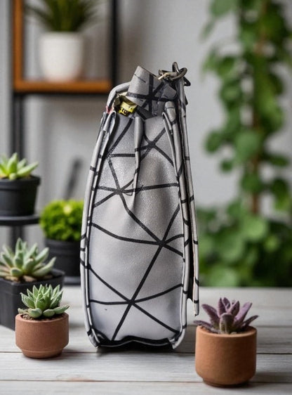 Trendy Geometric Pattern Grey PU Leather Sling Bags for Women & Girls – Stylish Crossbody Shoulder Bag