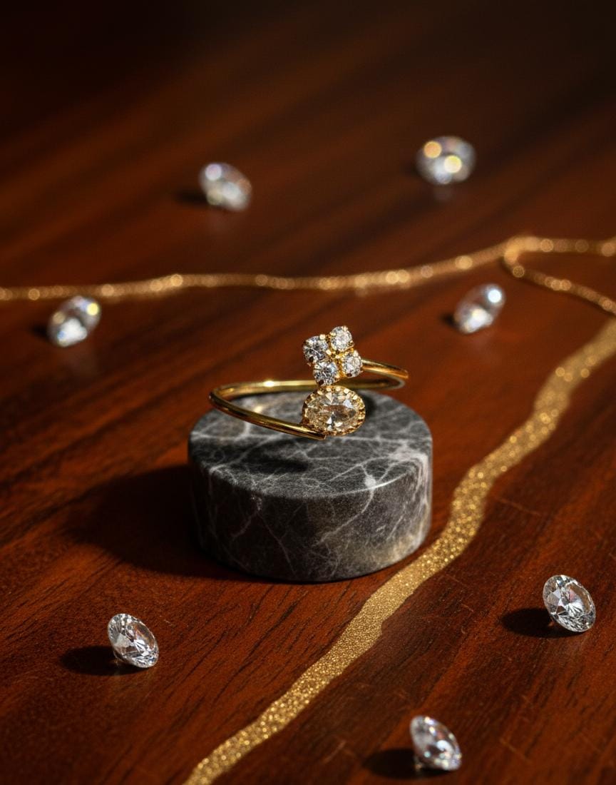 Adjustable Diamond Flower & Solitaire Ring | Gold Bypass Band