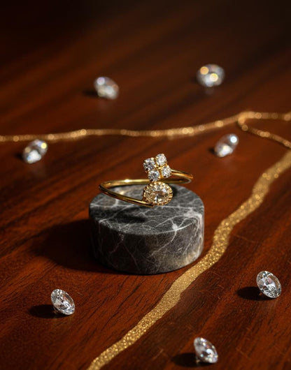 Adjustable Diamond Flower & Solitaire Ring | Gold Bypass Band