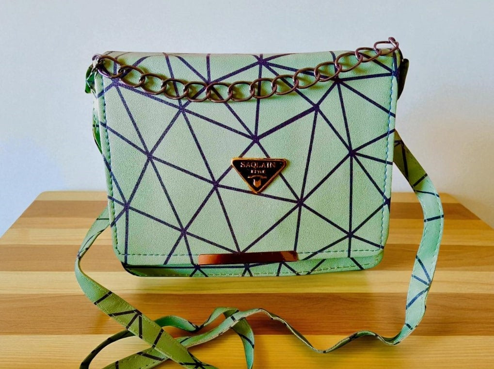 Trendy Geometric Pattern Green PU Leather Sling Bags for Women & Girls – Stylish Crossbody Shoulder Bag