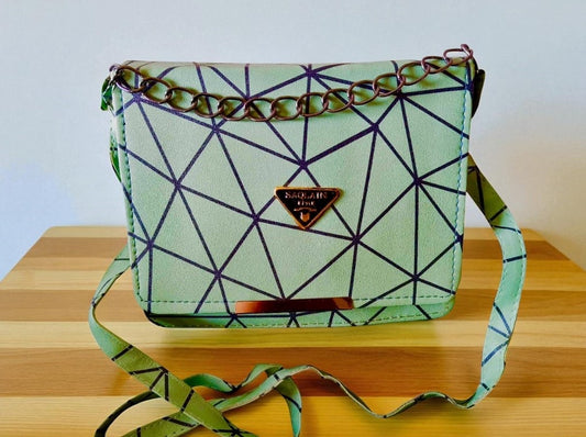 Trendy Geometric Pattern Green PU Leather Sling Bags for Women & Girls – Stylish Crossbody Shoulder Bag
