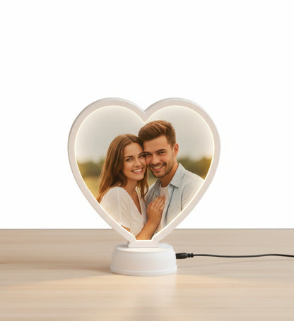 White Magic Mirror Photo Frame - Personalized Heart-Shaped LED Photo Frame for Couples & Gifts