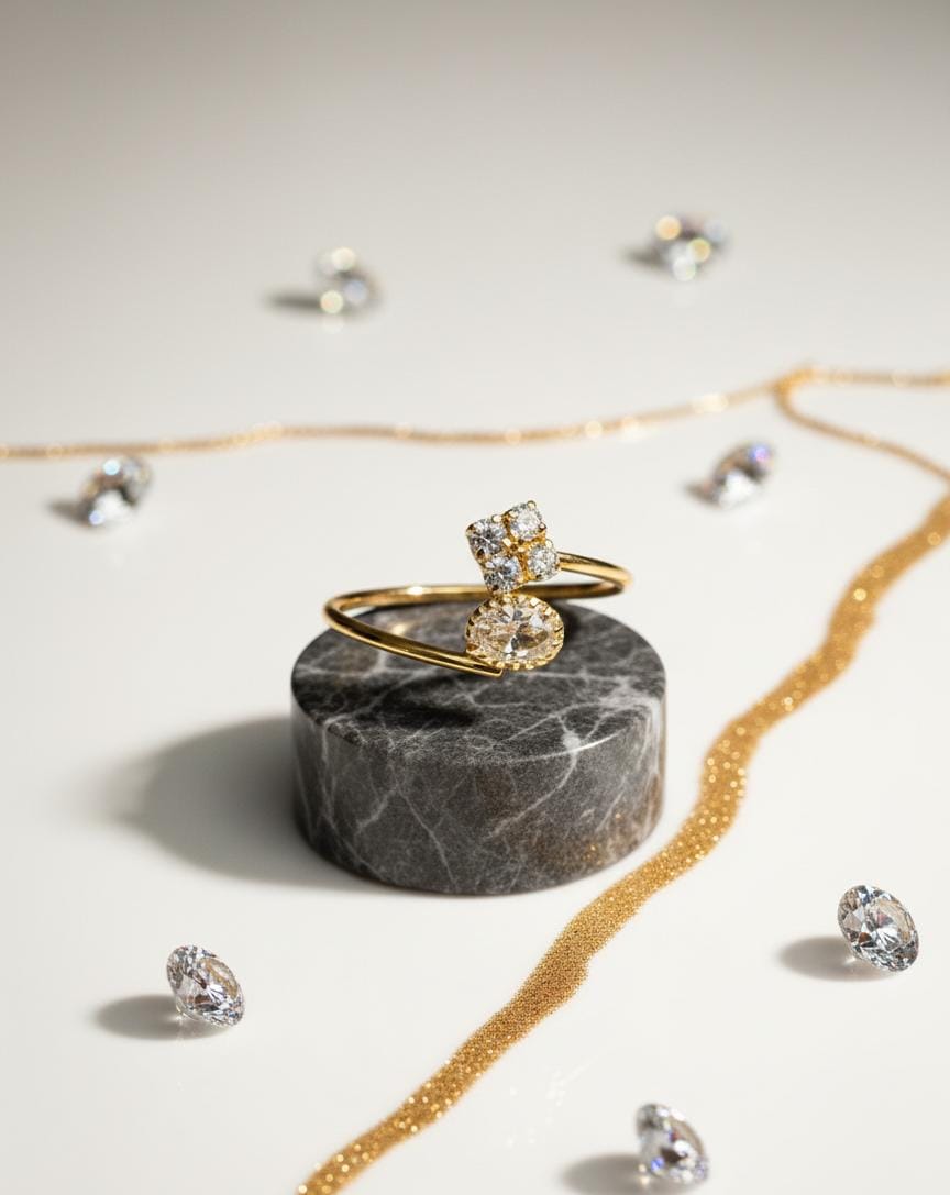 Adjustable Diamond Flower & Solitaire Ring | Gold Bypass Band