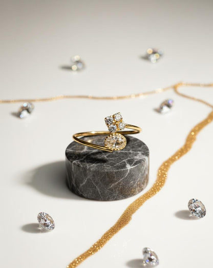 Adjustable Diamond Flower & Solitaire Ring | Gold Bypass Band