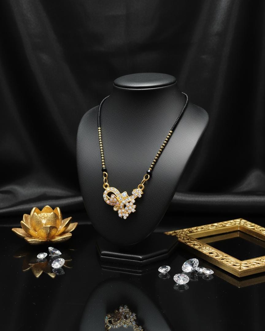 Charming Black Beads & Golden Mangalsutra with a Floral Zircon Pendant