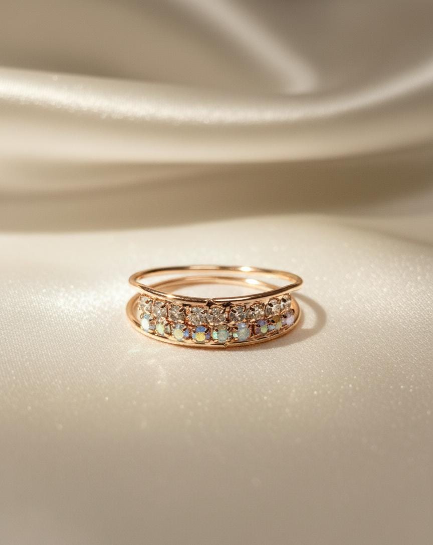Rose Gold Opal & Crystal Stacking Ring | Dainty & Sparkly Statement Band